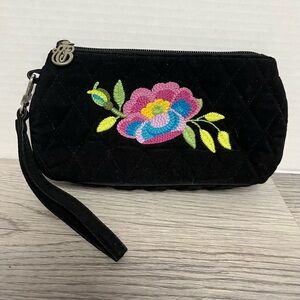 Vera Bradley Wristlet Purse BLACK MICROFIBER Embroider Flower Zip Pouch